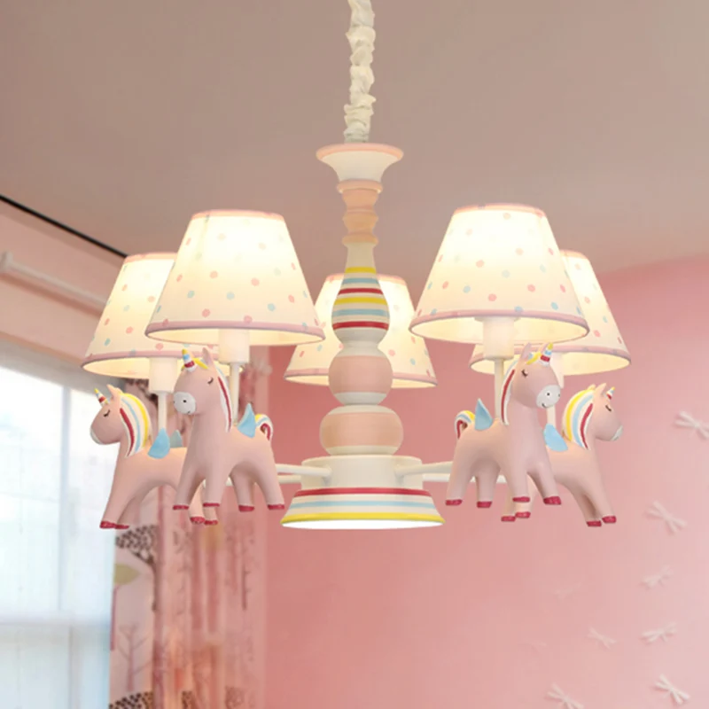 Lustre licorne arc-en-ciel en résine, éclairage suspendu rose de dessin animé avec abat-jour en tissu conique en papier ar...