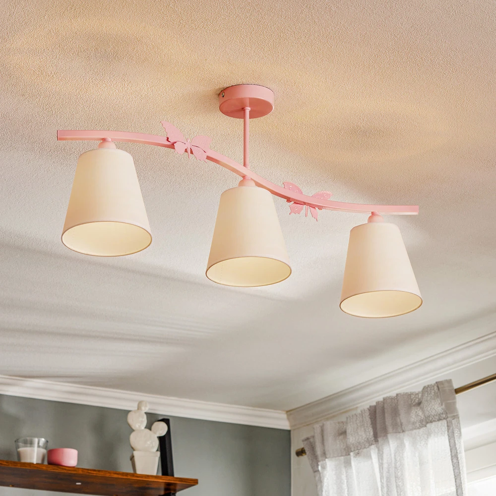 Plafonnier Alice, rose, 3 abat-jour en tissu blanc | Dimmable | Haute luminosité