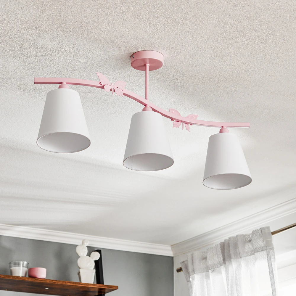 Plafonnier Alice, rose, 3 abat-jour en tissu blanc | Dimmable | Haute luminosité