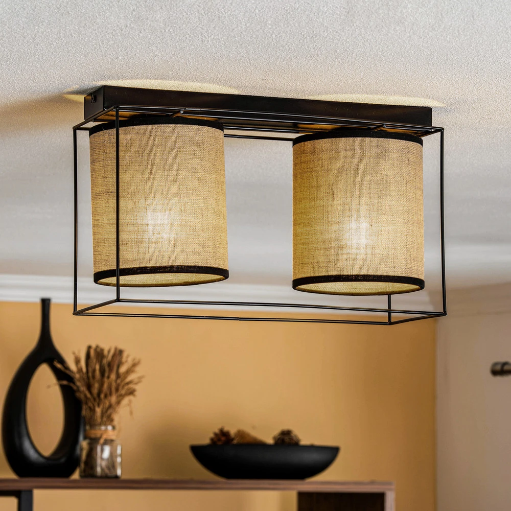 Plafonnier Tubo, abat-jour tissu, écru, 2 lampes