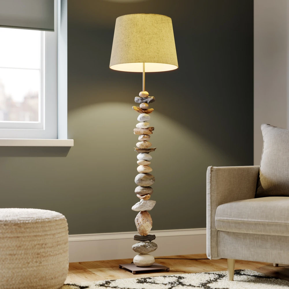 Suspension à abat-jour Lampadaire Vera abat-jour tissu et décor en pierre