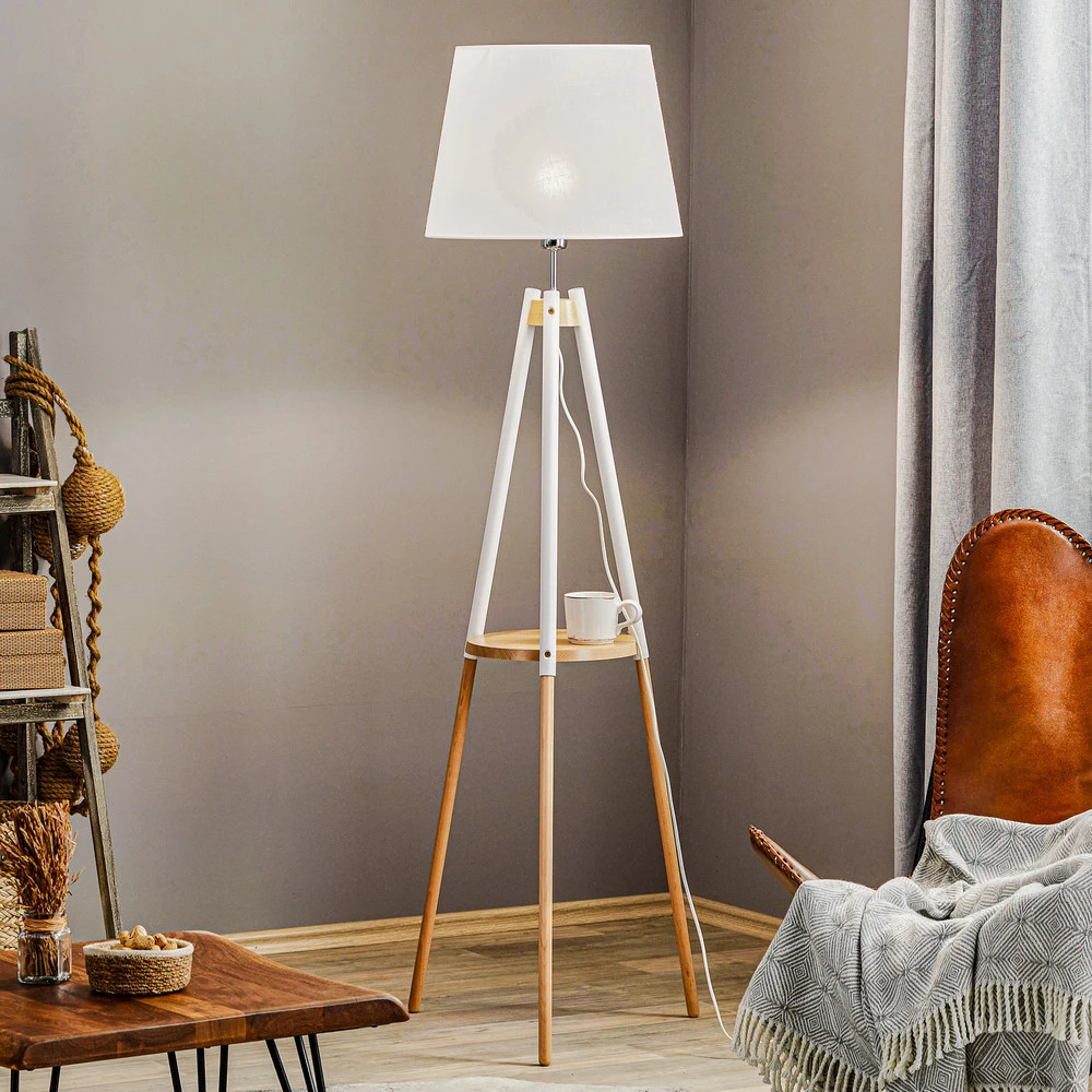 Suspension à trois bras Lampadaire Vaio trépied en bois, abat-jour blanc