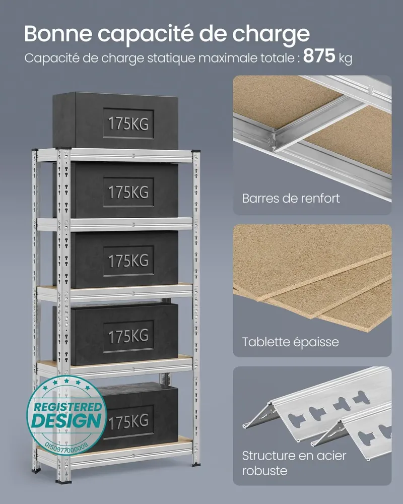 Étagère de rangement charge lourde étagère de garage 50 x 100 x 200 cm capacité de charge jusqu’à 875 kg montage commode t...