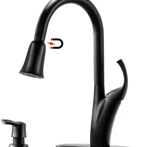 APPASO Robinet de cuisine rétractable avec plaque de pont et distributeur de savon Noir mat 150MB