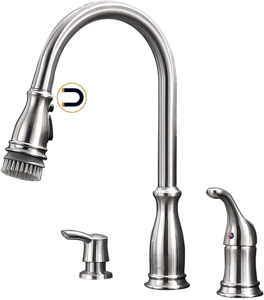 APPASO Robinet de cuisine 3 trous fixation magnétique avec distributeur de savon nickel brossé 229BN