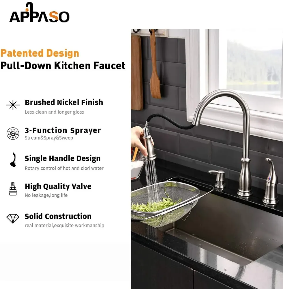 APPASO Robinet de cuisine 3 trous fixation magnétique avec distributeur de savon nickel brossé 229BN