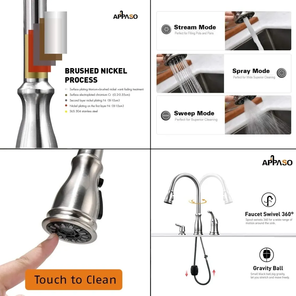 APPASO Robinet de cuisine 3 trous fixation magnétique avec distributeur de savon nickel brossé 229BN