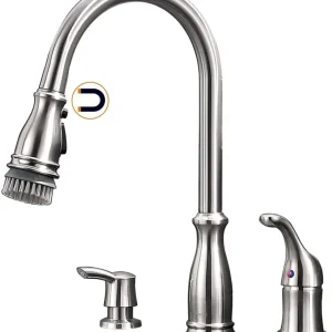 APPASO Robinet de cuisine 3 trous fixation magnétique avec distributeur de savon nickel brossé 229BN