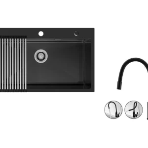 Auralum MAX Évier de Cuisine 1 Bac 75 x 45 cm,Évier Inox Noir avec Égouttoir Pliable+Mitigeur Évier avec Bec Flexible,Robi...