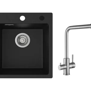 Cecipa MAX 40x45cm Noir Evier de Cuisine en Quartz et Résine Evier 1 Bac + Mitigeur Cuisine pour Sstème D'osmose - In...