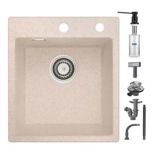Cecipa max Evier 1 Bac en Quartz et Résine Couleur avoine Evier de Cuisine 40x45cm Evier à Encastrer 1 cuve + 300ML Distri...