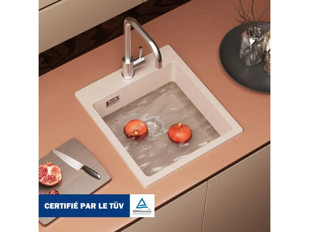 Cecipa max Evier 1 Bac en Quartz et Résine Couleur avoine Evier de Cuisine 40x45cm Evier à Encastrer 1 cuve + 300ML Distri...