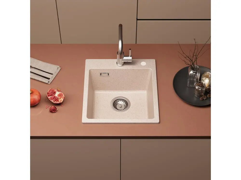 Cecipa max Evier 1 Bac en Quartz et Résine Couleur avoine Evier de Cuisine 40x45cm Evier à Encastrer 1 cuve + 300ML Distri...