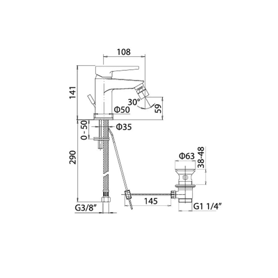 Ensemble de mitigeurs de douche encastrés avec déviateur, lavabo haut et bidet avec vidage finition chromée collection Spa...