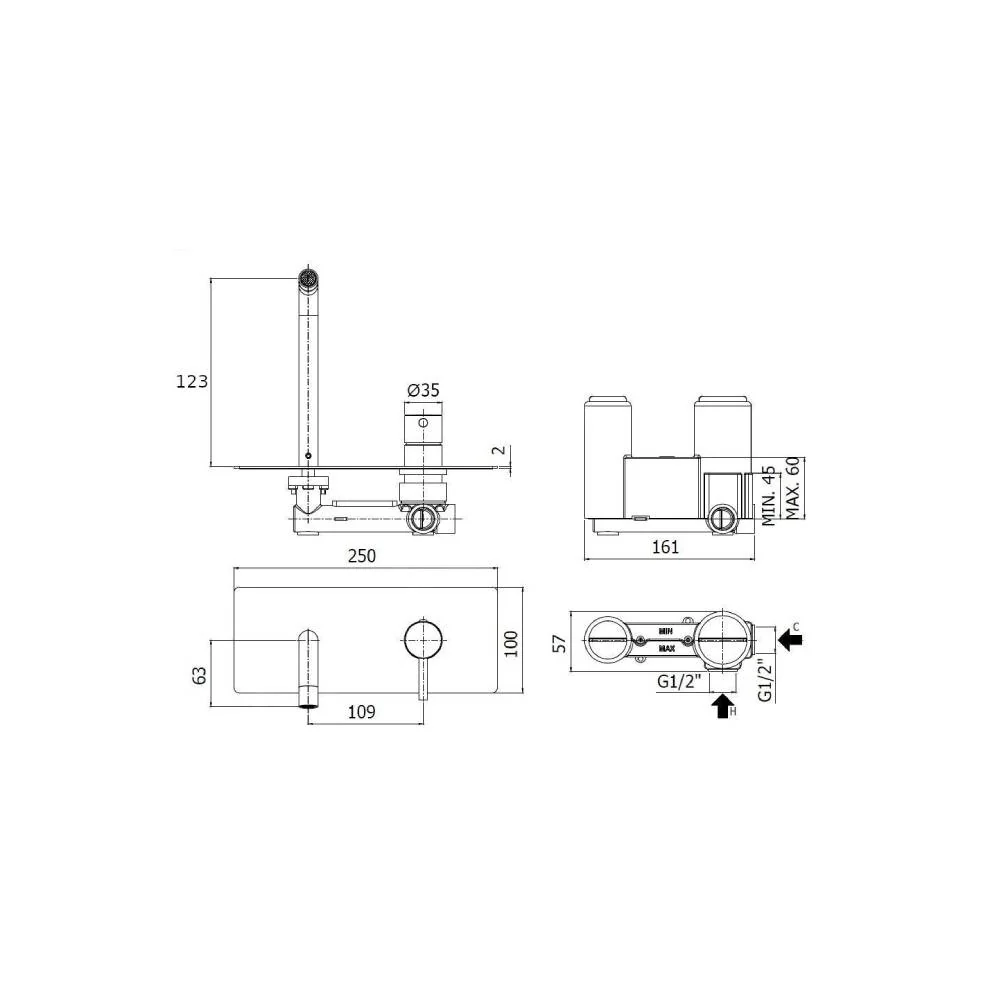 Mitigeur encastré pour lavabo série Stick modèle SK104ST avec corps encastré aspect acier Paffoni