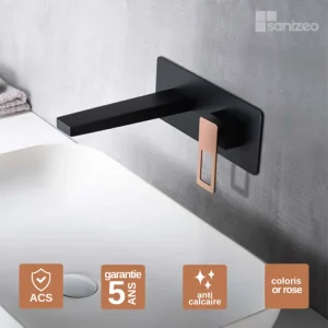 Robinet Mitigeur de Lavabo anti-calcaire Encastré Noir Mat et Or Rose IMEX Sanizéo SUECIA BDC032-4NOR