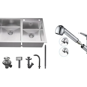 Évier Cuisine 2 Bac 75x45x19cm,Encastré/ à Poser avec Distributeur de Savon+Mitigeur Cuisine avec Douchette Extractible Ro...