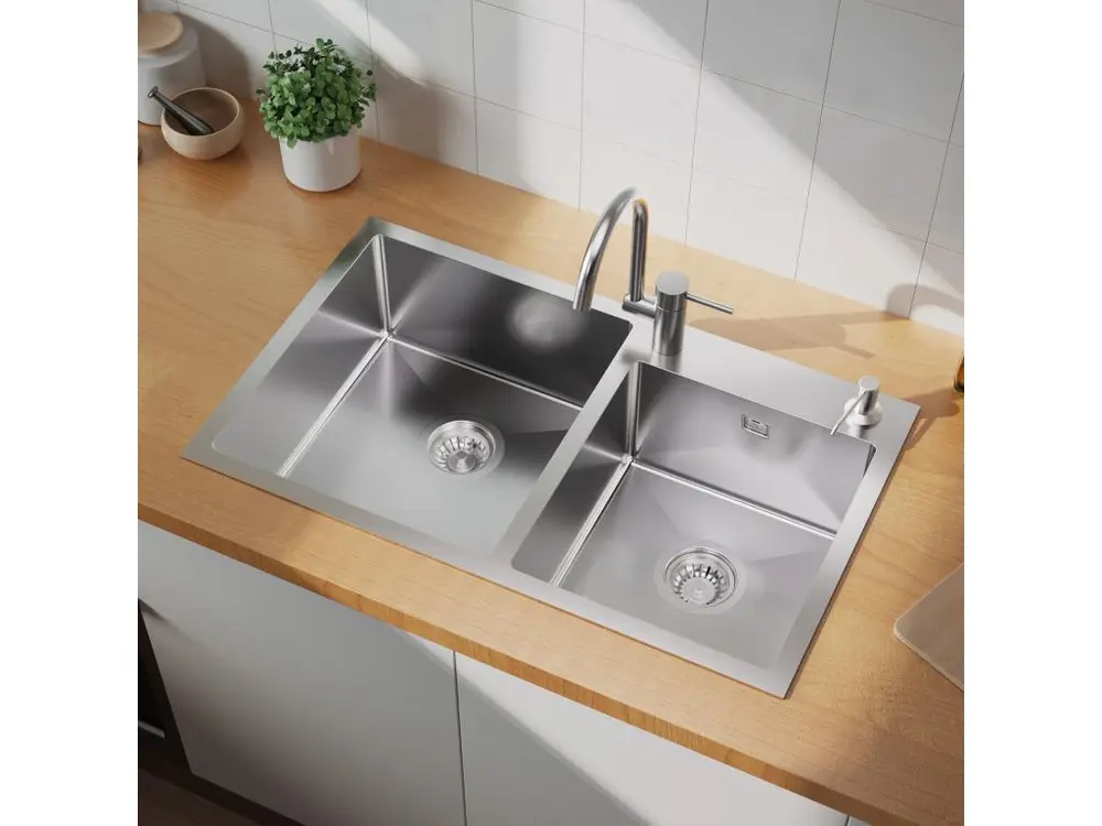 Évier Cuisine 2 Bac 75x45x19cm,Encastré/ à Poser avec Distributeur de Savon+Mitigeur Cuisine avec Douchette Extractible Ro...