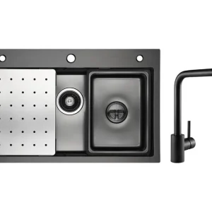 Évier de Cuisine 1 Cuve 70×45cm + Egouttoir + Vasque + Distributeur de Savon + Mitigeur de Evier Noir Rrotatif à 360 ° | A...