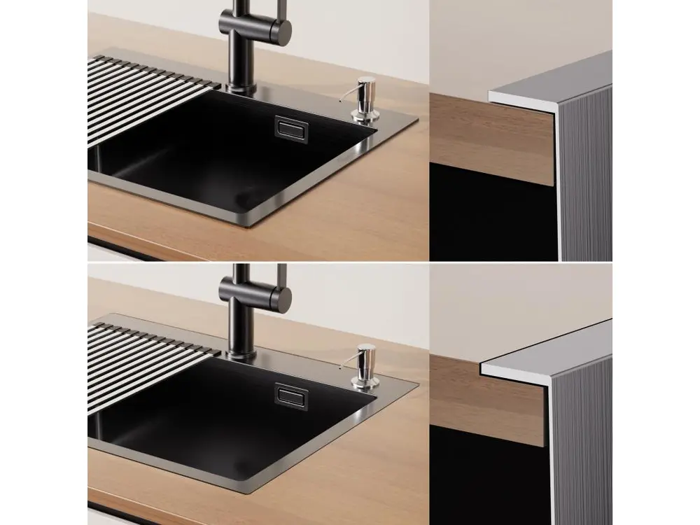 Évier Cuisine1Bac Noir 58*45*18CM,avec Egouttoir évier Enroulable/Distributeur Savon+Robinet Cuisine Rotatif 360° Noir ave...