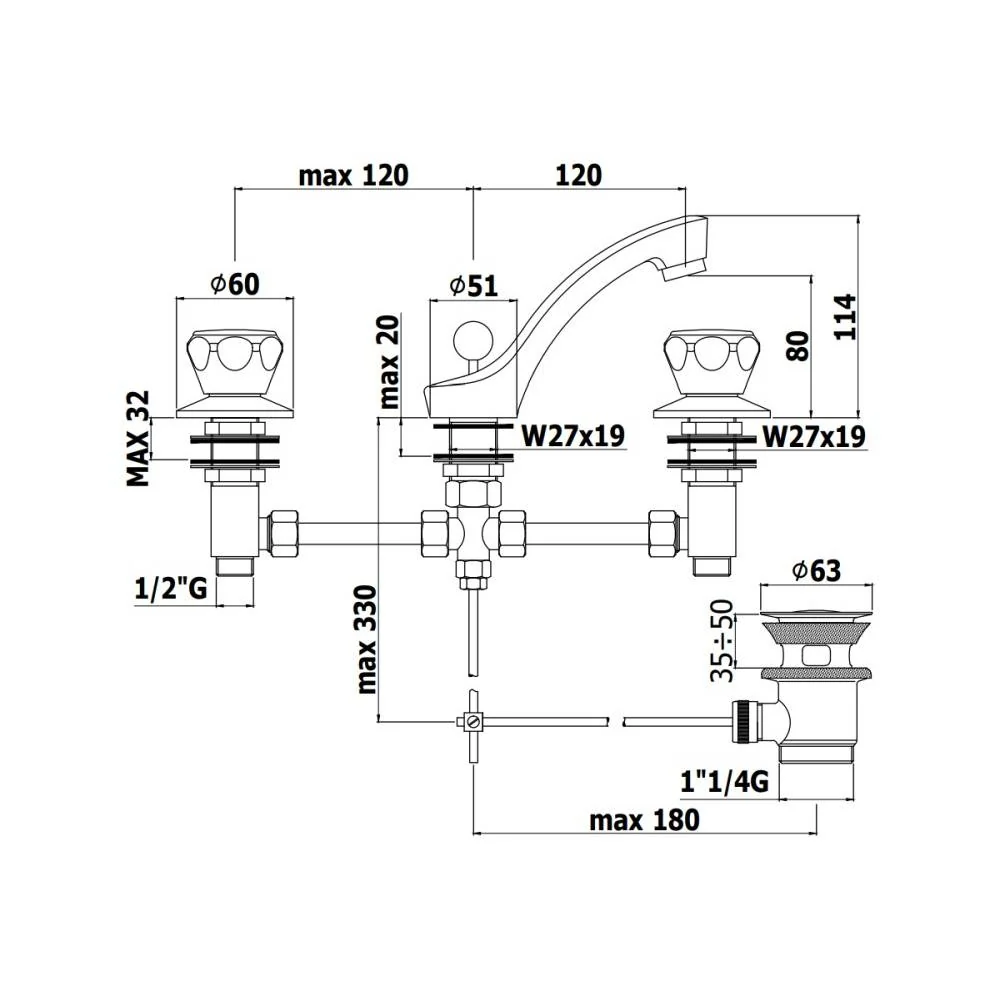 Batterie lavabo 3 trous série Danubio modèle DA056CR Acier chromé Paffoni pour Salle de Bain Familiale