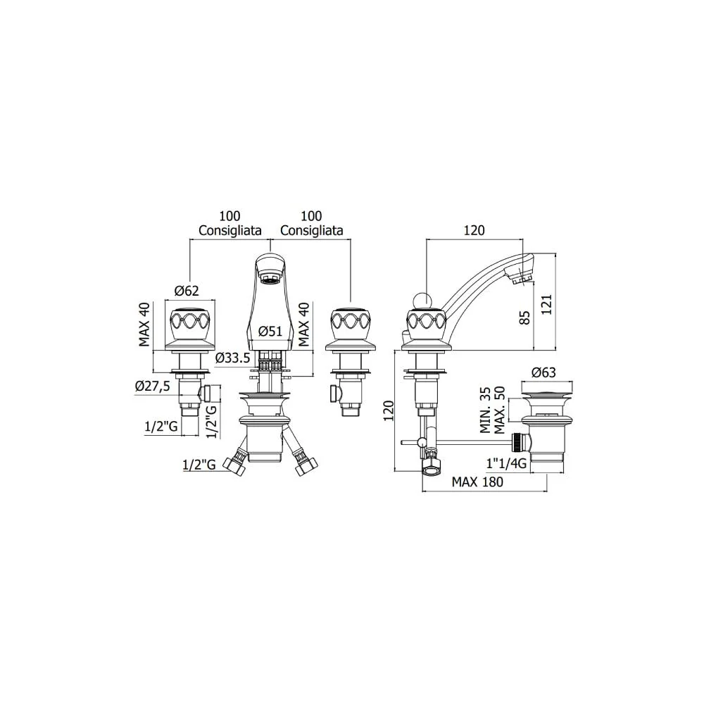 Batterie lavabo 3 trous série Danubio modèle DA053CR Acier chromé Paffoni | Économie d'Eau | Haute Pression