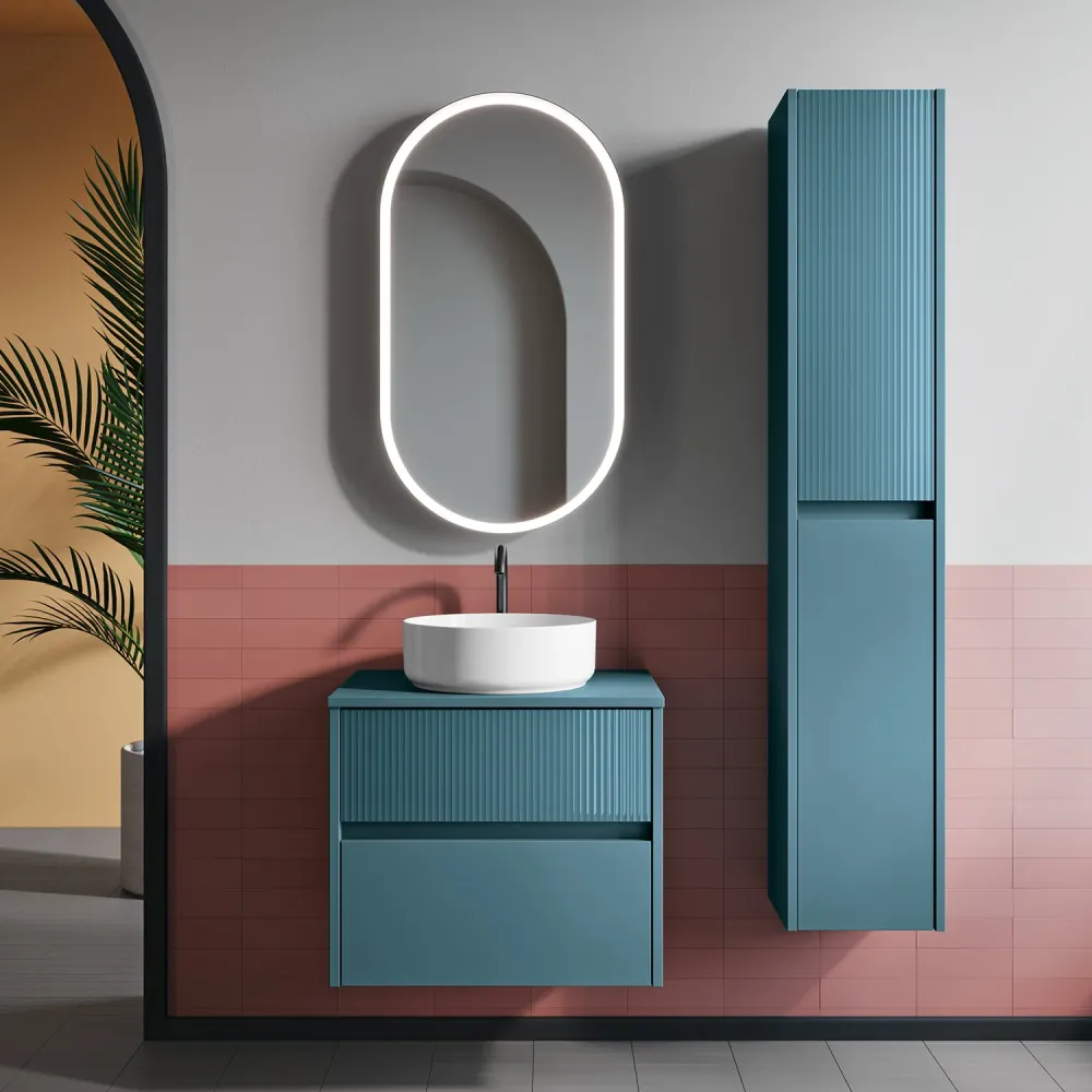 Composition de salle de bain suspendue Niwa01 de Falegnameria Adriatica avec lavabo, miroir et colonne - Bleu Pacifique av...