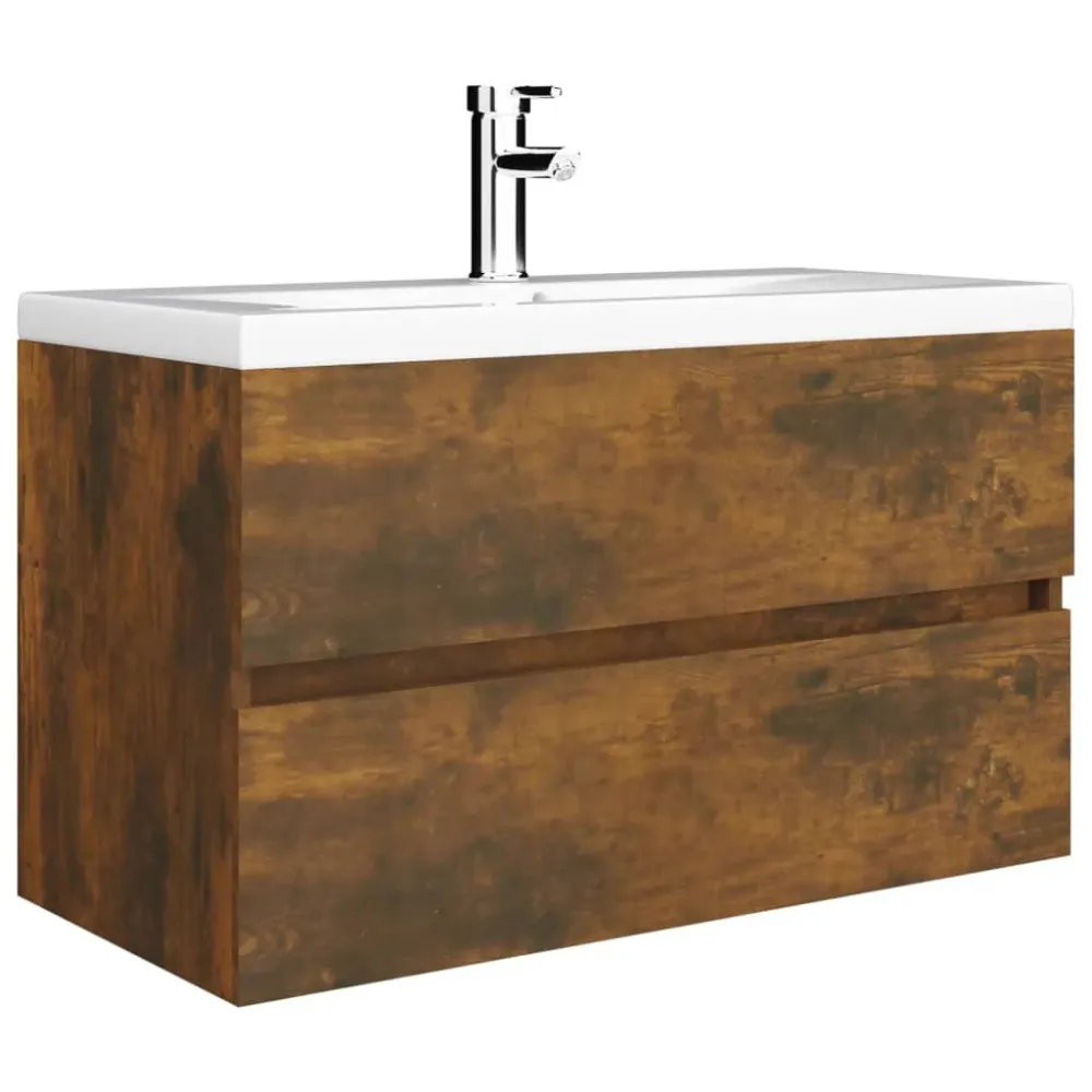 Meuble d'évier sous lavabo salle de bain avec bassin intégré et robinet 81 x 39 x 18 cm bois d'ingénierie marron 02_0006874