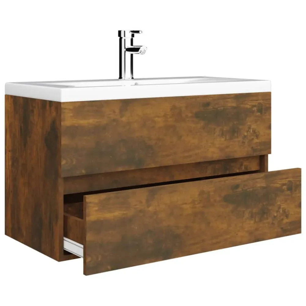Meuble d'évier sous lavabo salle de bain avec bassin intégré et robinet 81 x 39 x 18 cm bois d'ingénierie marron 02_0006874
