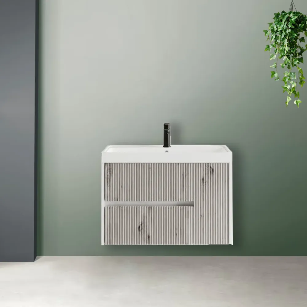 Meuble de salle de bain cannelé à installation suspendue avec lavabo 80 cm couleur gris antique - Cubi&Co Collection Intègre