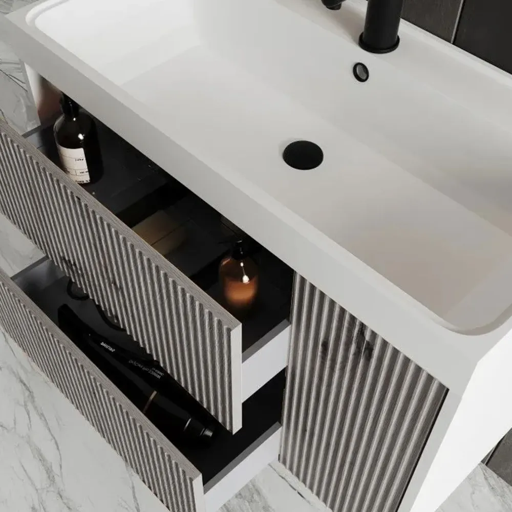 Meuble de salle de bain cannelé à installation suspendue avec lavabo 80 cm couleur gris antique - Cubi&Co Collection Intègre