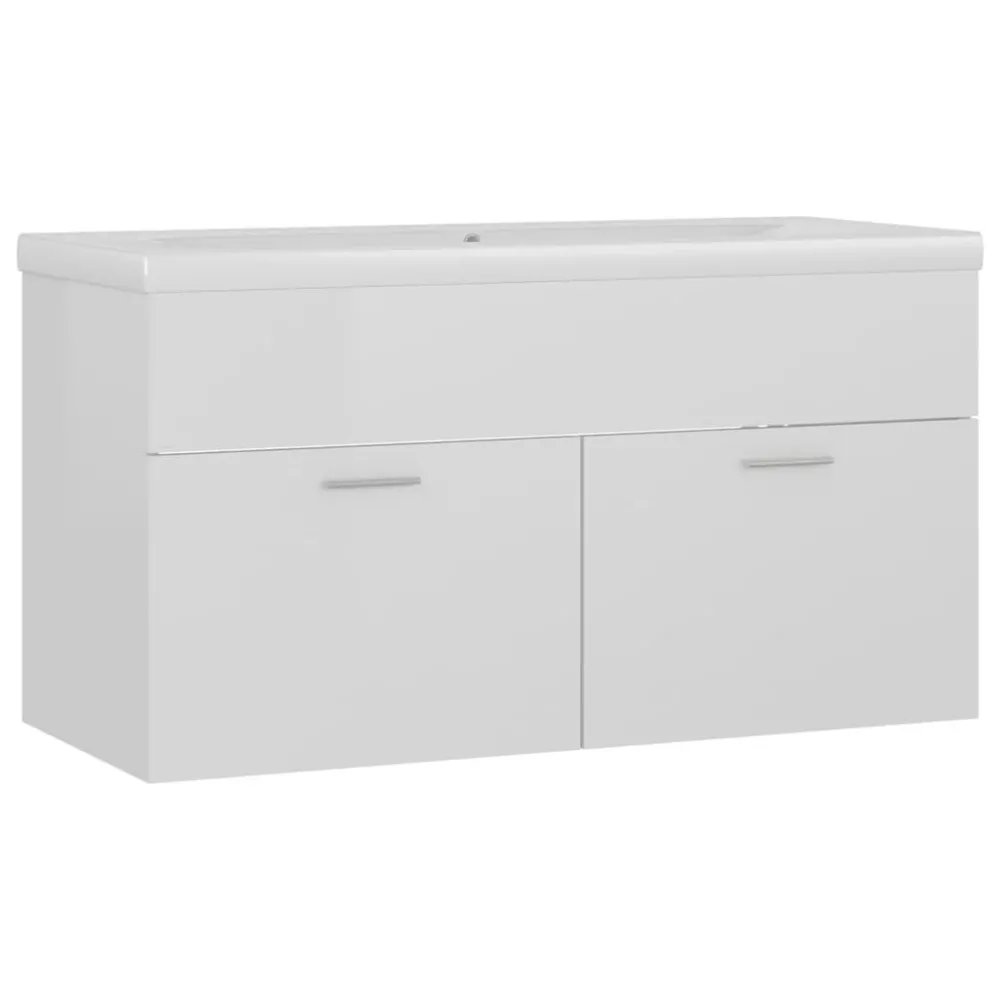 Mitigeur de douche Armoire d'évier 90 x 38,5 x 46 cm avec lavabo intégré aggloméré blanc brillant 02_0006440
