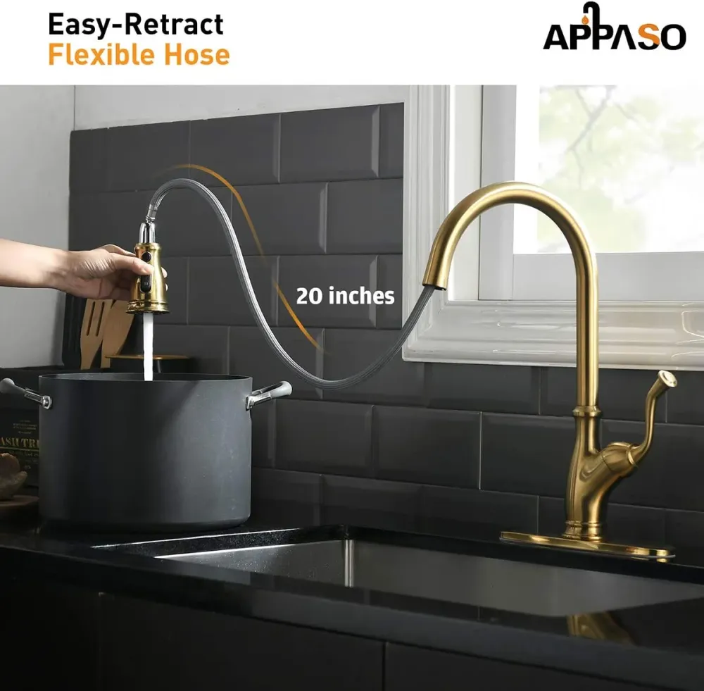 Robinet de lavabo APPASO Robinet de cuisine en laiton massif avec pulvérisateur magnétique arc élevé ton or 225BTG
