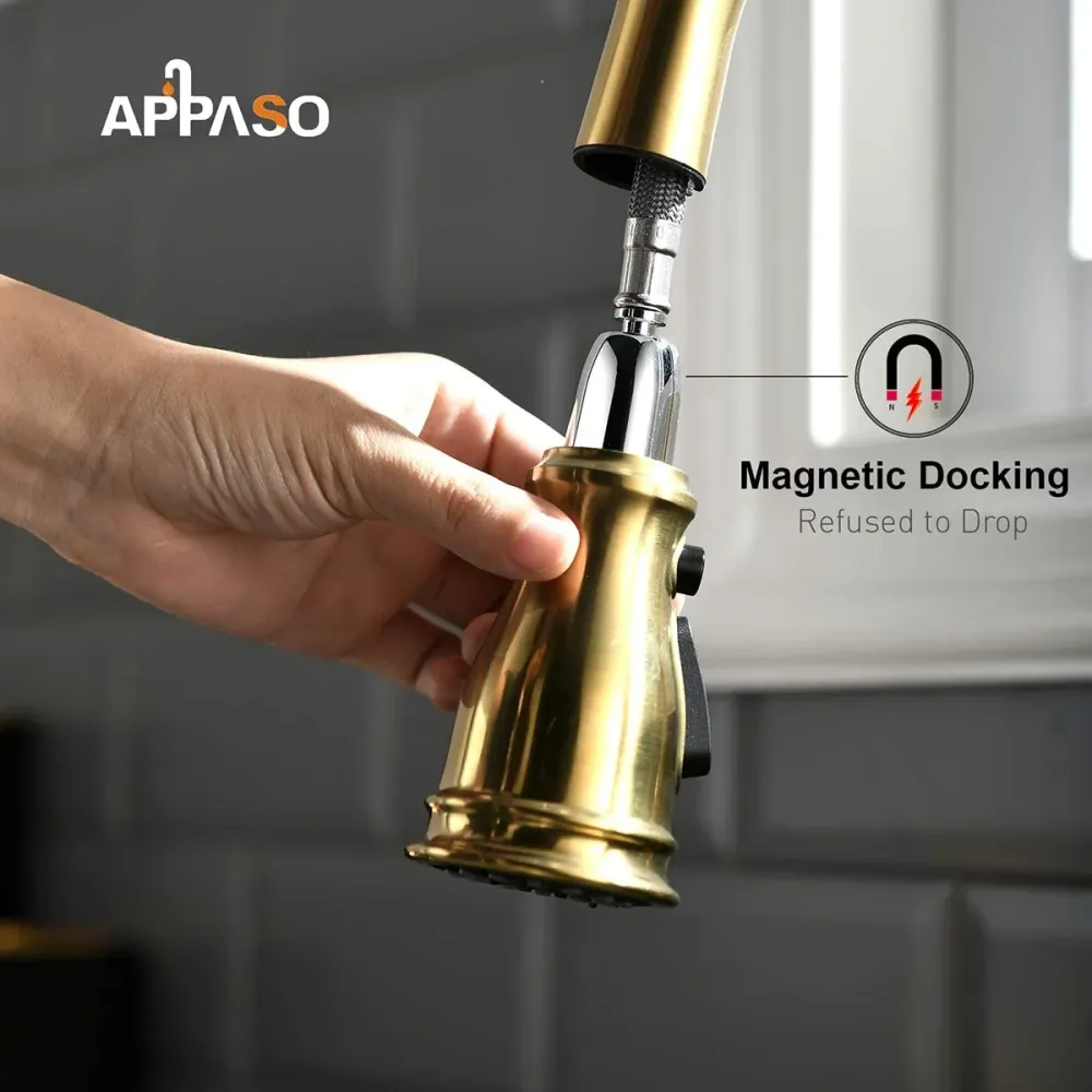 Robinet de lavabo APPASO Robinet de cuisine en laiton massif avec pulvérisateur magnétique arc élevé ton or 225BTG