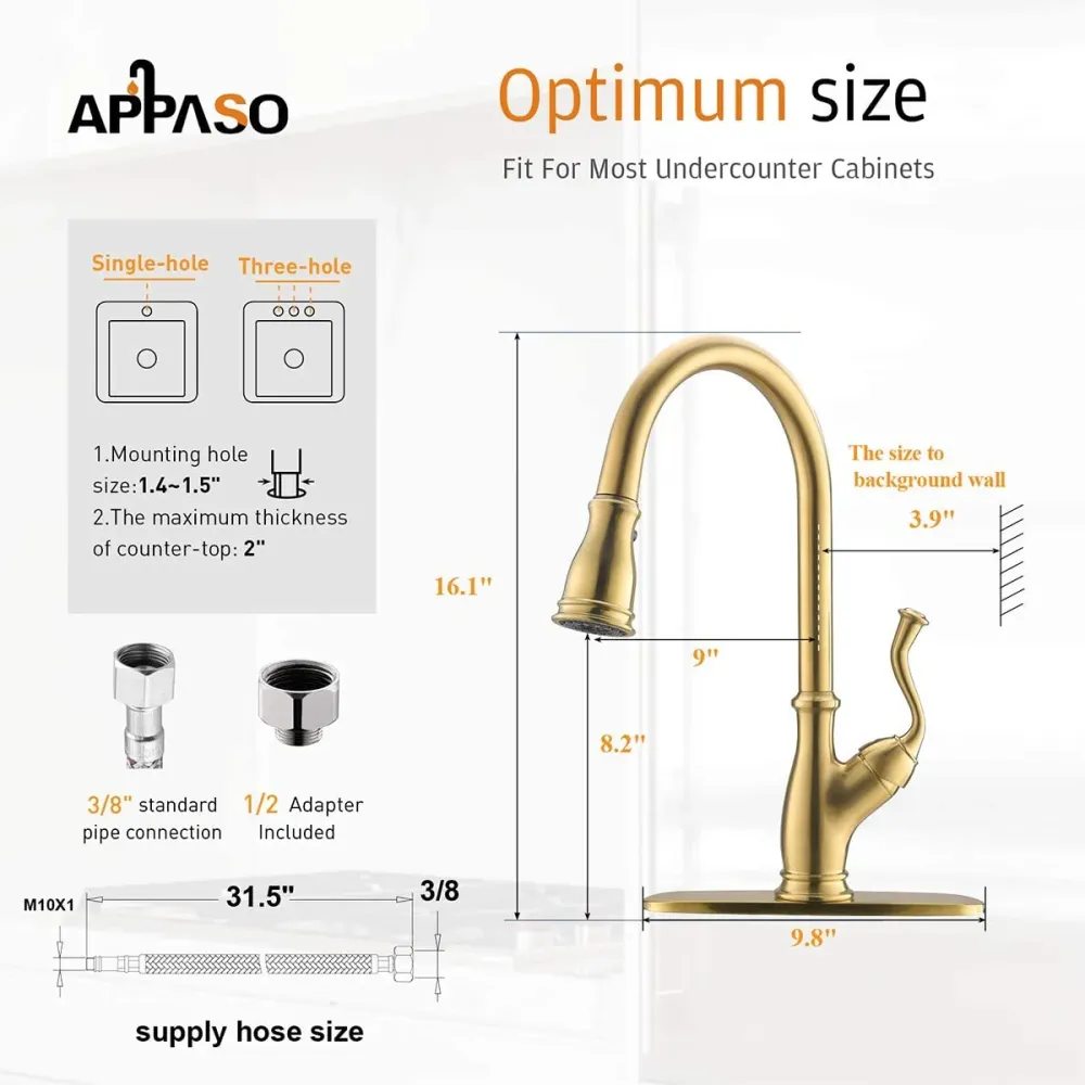 Robinet de lavabo APPASO Robinet de cuisine en laiton massif avec pulvérisateur magnétique arc élevé ton or 225BTG