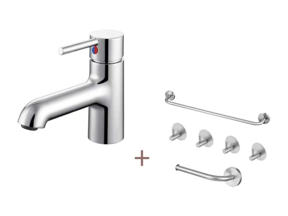 Robinet lavabo avec Adaptable Raccordement,Mitigeur Salle Bain Eau Froide/Chaude+Ensemble Salle Bain Accessoire 6 Pièces,A...