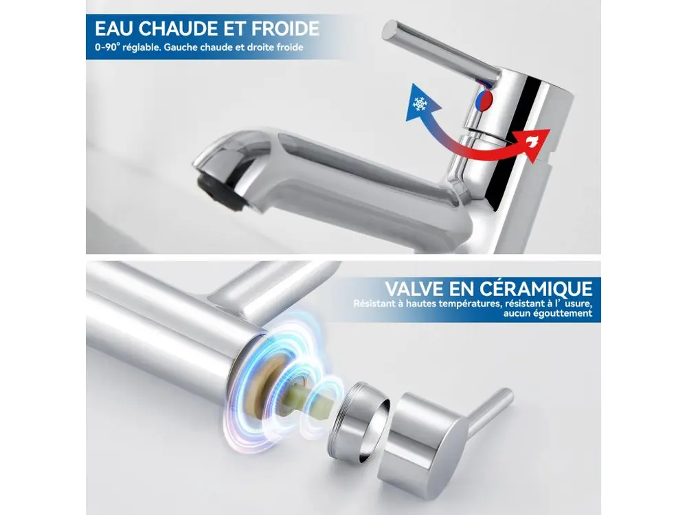 Robinet lavabo avec Adaptable Raccordement,Mitigeur Salle Bain Eau Froide/Chaude+Ensemble Salle Bain Accessoire 6 Pièces,A...