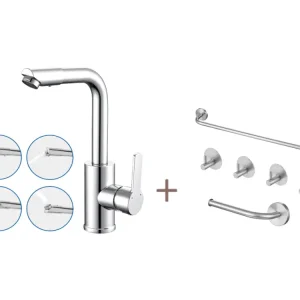 Robinet Lavabo avec Bec Pivotant,Robinet Salle Bain Rotation 360°,Chromé+Ensemble Salle Bain Accessoire 6 Pièces,Auto-adhé...