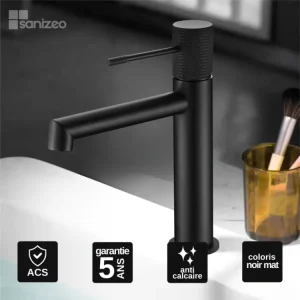 Robinet Mitigeur de Lavabo anti-calcaire Bas Noir Mat IMEX Sanizéo LINE BDD038-1NG