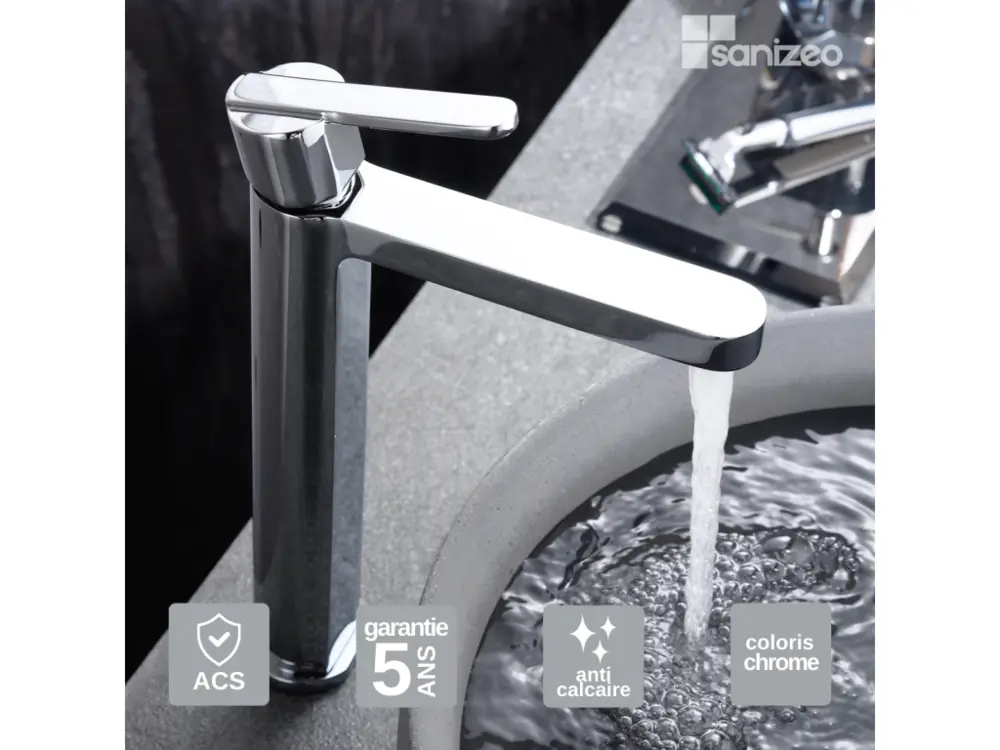 Robinet Mitigeur de Lavabo anti-calcaire Bec Haut Chromé IMEX Sanizéo ROMA BDR001-3 avec Douchette Économique