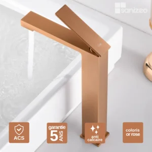 Robinet Mitigeur de Lavabo anti-calcaire Bec Haut Or Rose IMEX Sanizéo PISA BDP048-3ORC