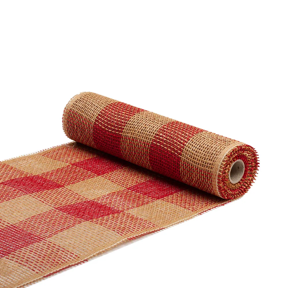 Ruban décoratif à aspect de toile en jute de 12" x 5 verges, carreaux rouges et beiges