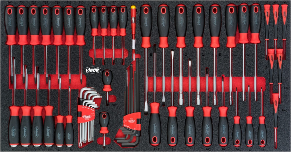 Jeu de tournevis VIGOR pour Série XL profil à fente 05 x 3 - 16 x 10 7 - 13 PH0 - PH3 T6 - T40 nombre d'outils :...