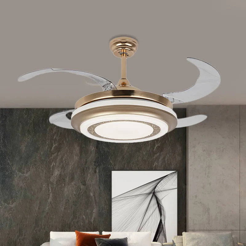 Éclairage de ventilateur suspendu en métal doré rond 42" W LED minimalisme 4 pales semi-encastré pour salon, télécommande/...