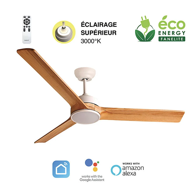 Fanelite - Ventilateur de plafond 132 cm blanc et bois BALABIO - Moteur DC 36W - LED 20W dimmable 3 couleurs + LED SUPERIE...