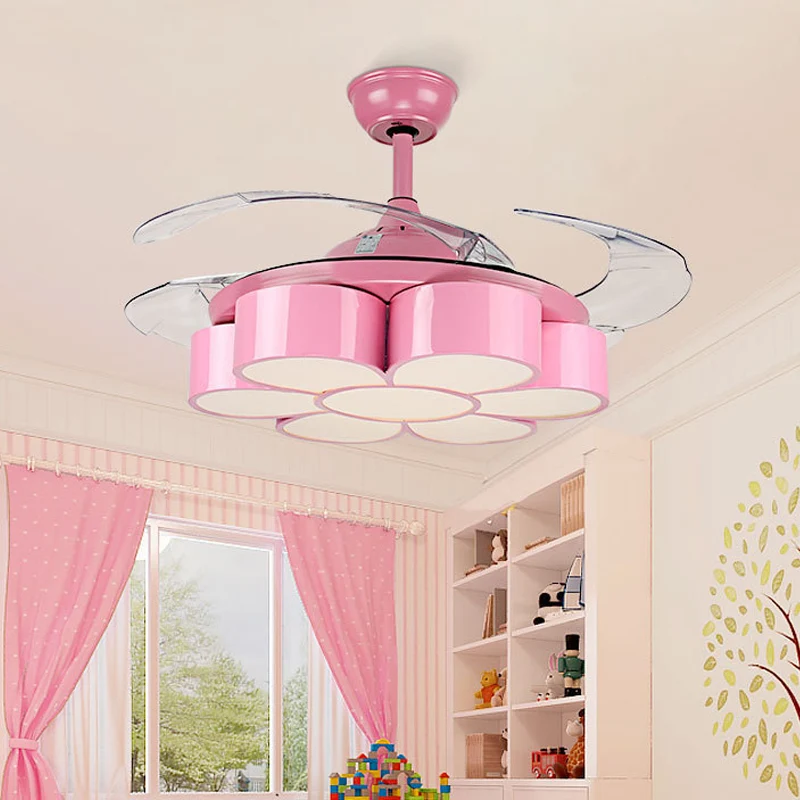 42" W Fleur Chambre Ventilateur de Plafond Luminaire Métal LED Enfants Semi-Encastré Lampe en Rose avec 3 Lames Transparen...