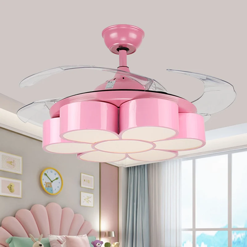 42" W Fleur Chambre Ventilateur de Plafond Luminaire Métal LED Enfants Semi-Encastré Lampe en Rose avec 3 Lames Transparen...