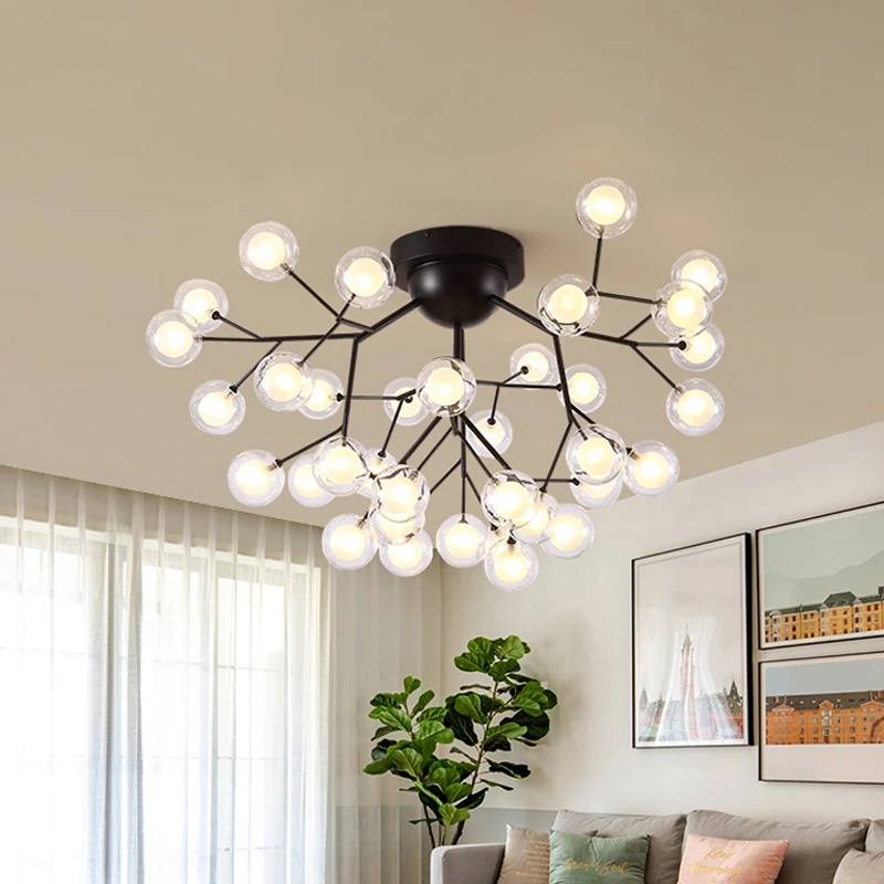 Lampe de plafond actuel en verre et métal, semi-plafonnier pour chambre à coucher, fine brindille, noir