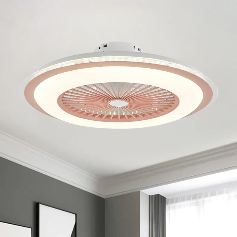 Lampe de ventilateur de plafond circulaire en métal minimaliste, 23,5 pouces de grand, finition blanche/rose, lampe semi-e...
