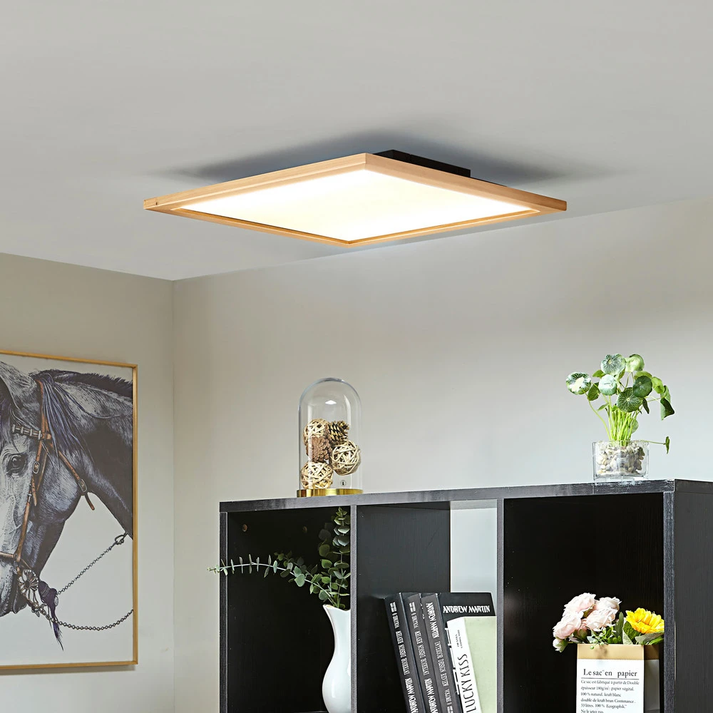 Lucande Plafonnier LED Joren, 52 cm, bois, CCT, télécommande